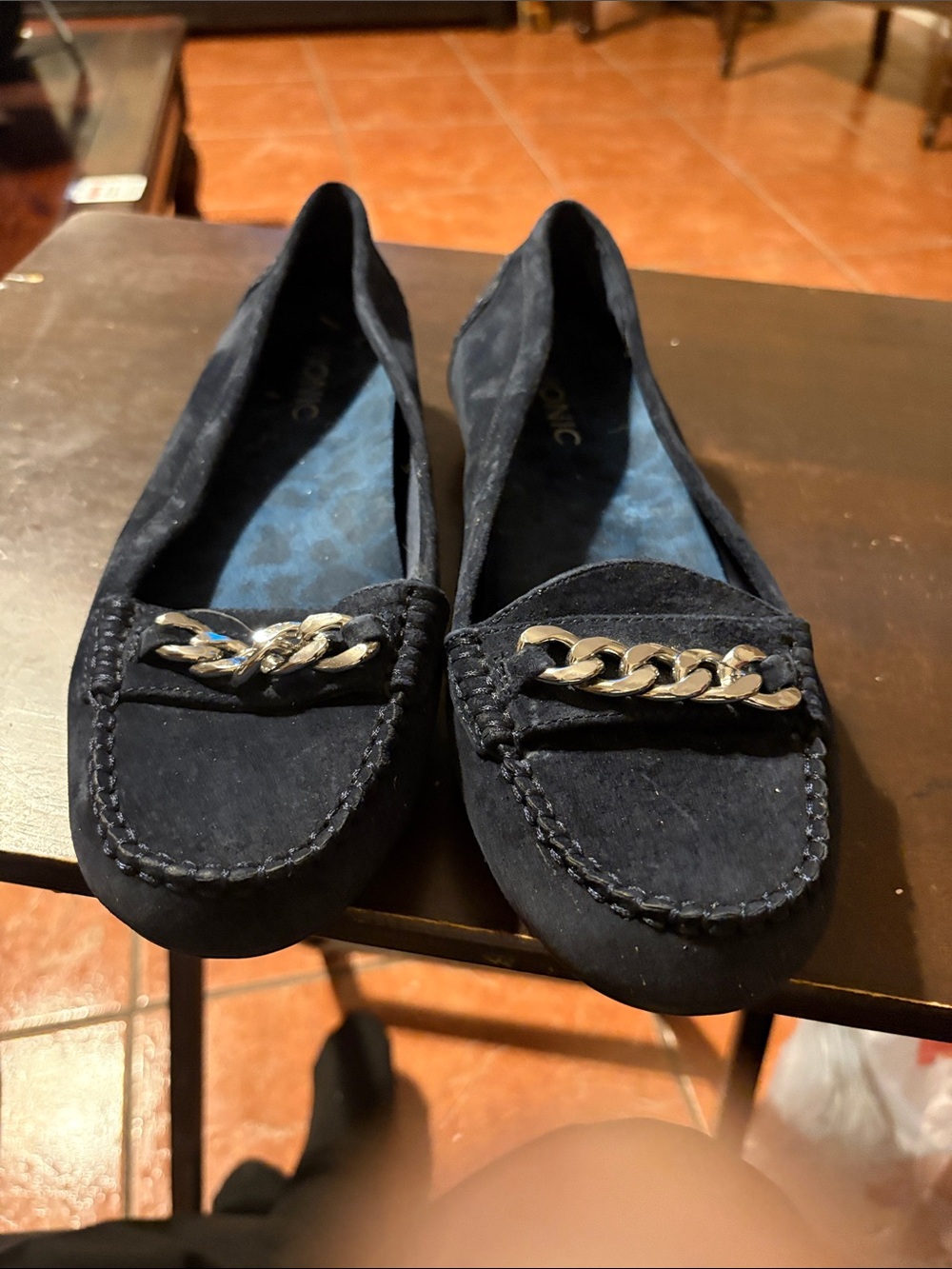 Vionic Navy Suede Chain-Trim Loafers